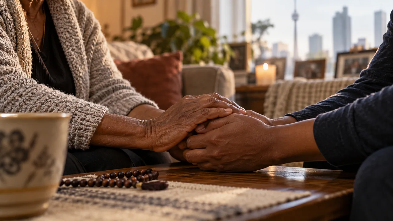 Two people holding hands beside wooden beads in a Toronto home